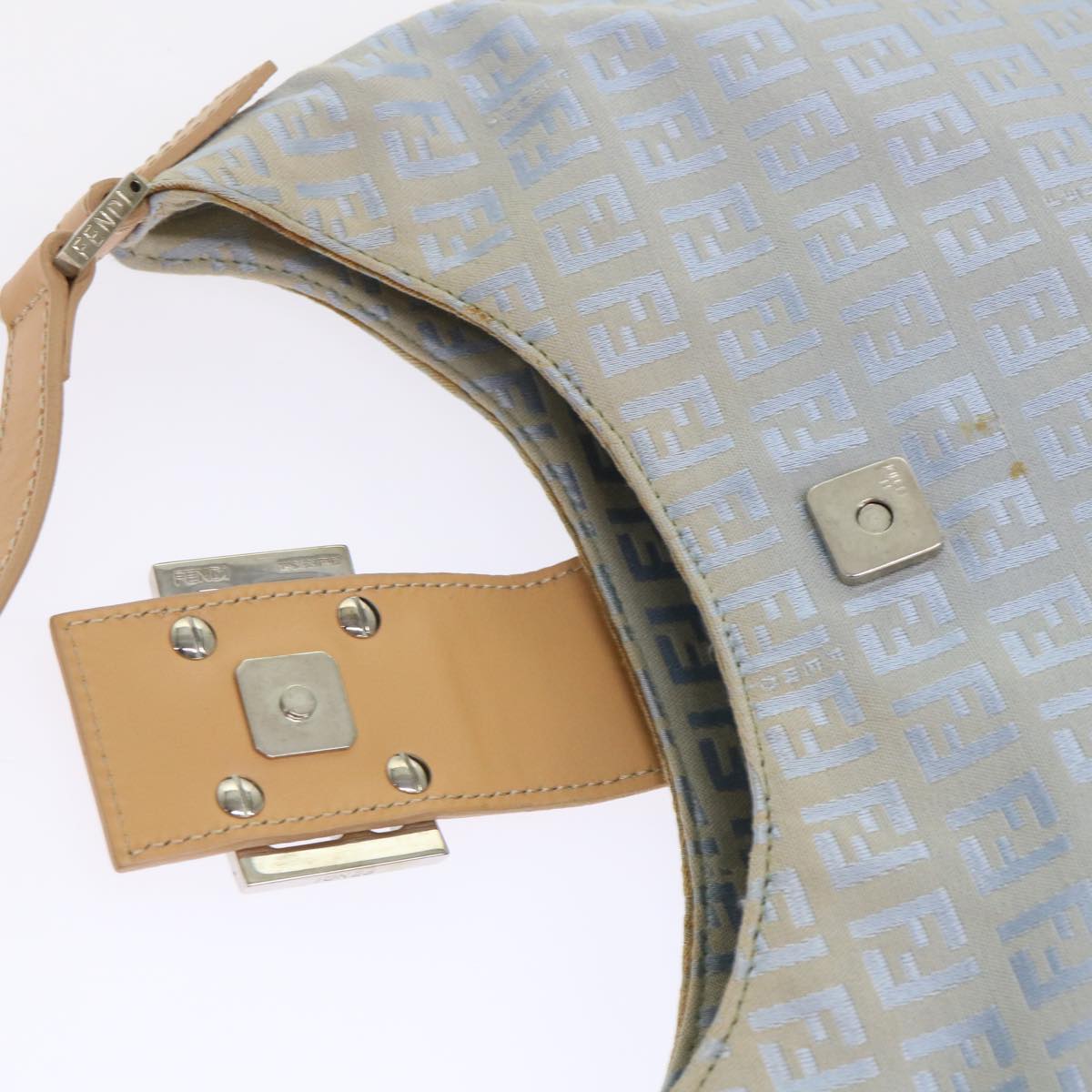 FENDI Mamma Baguette Zucchino Canvas Shoulder Bag Nylon Light Blue Auth 46673