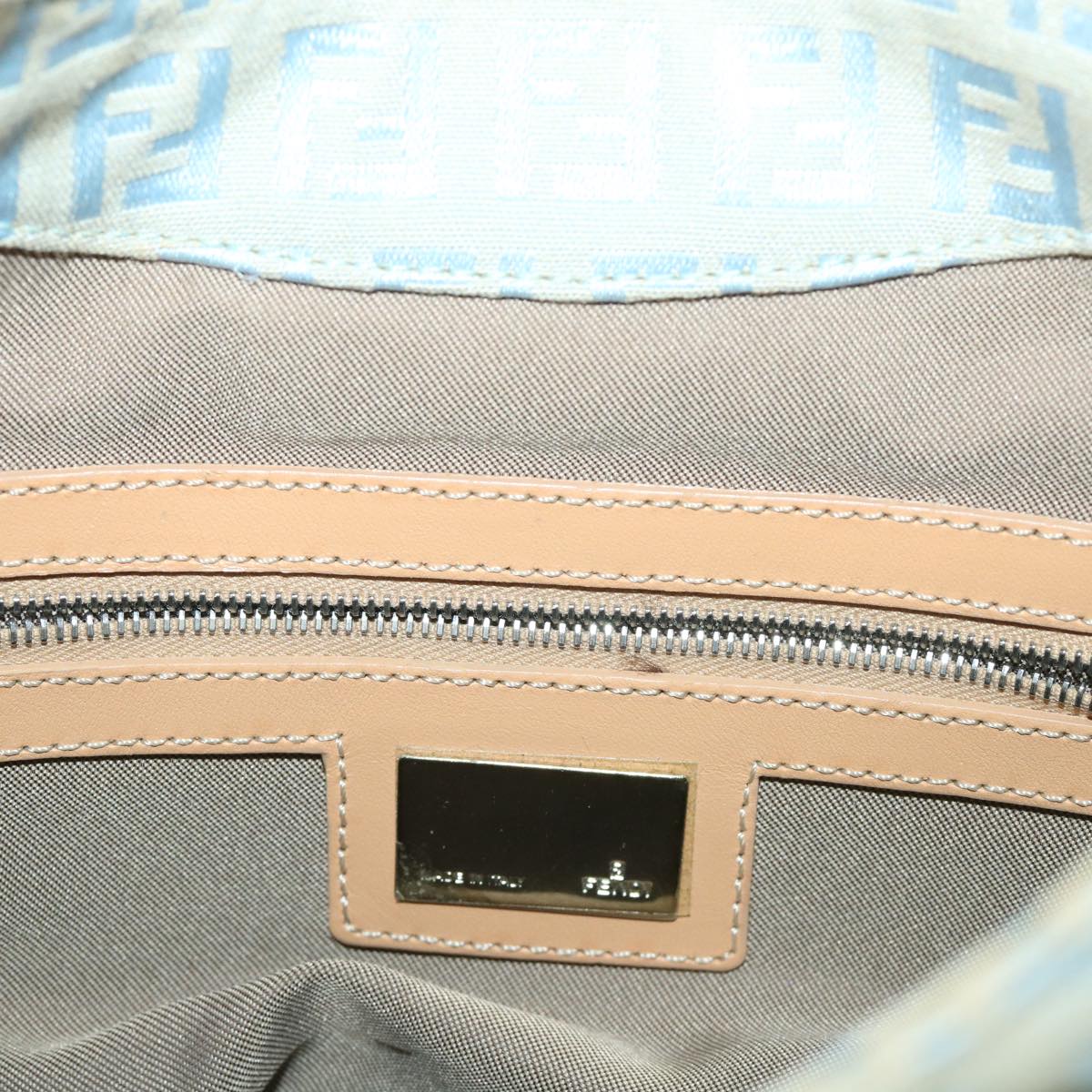 FENDI Mamma Baguette Zucchino Canvas Shoulder Bag Nylon Light Blue Auth 46673