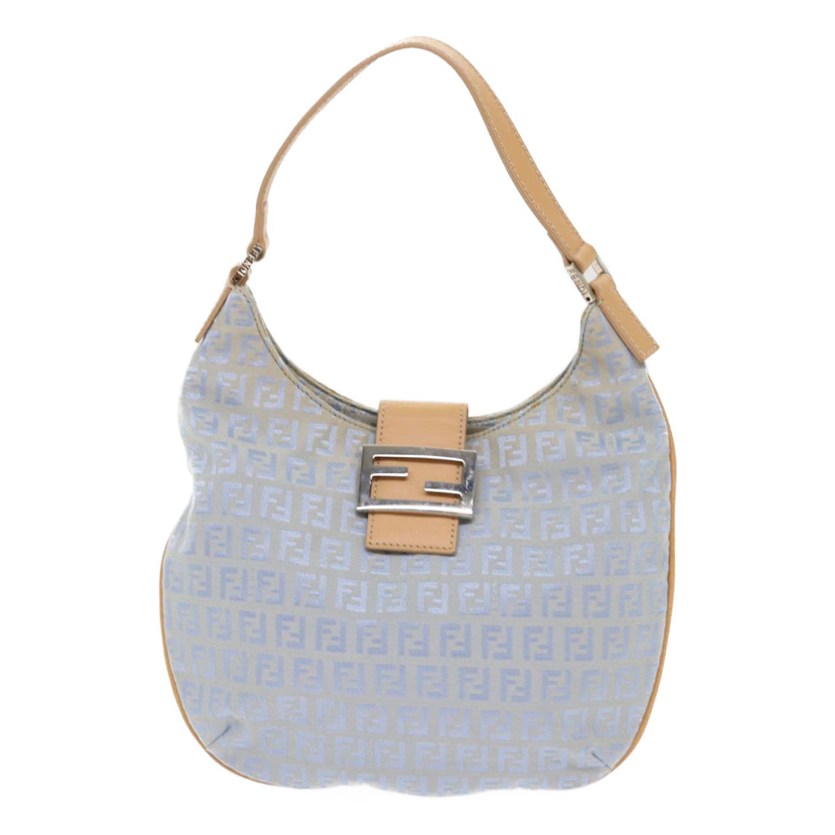 FENDI Mamma Baguette Zucchino Canvas Shoulder Bag Nylon Light Blue Auth 46673