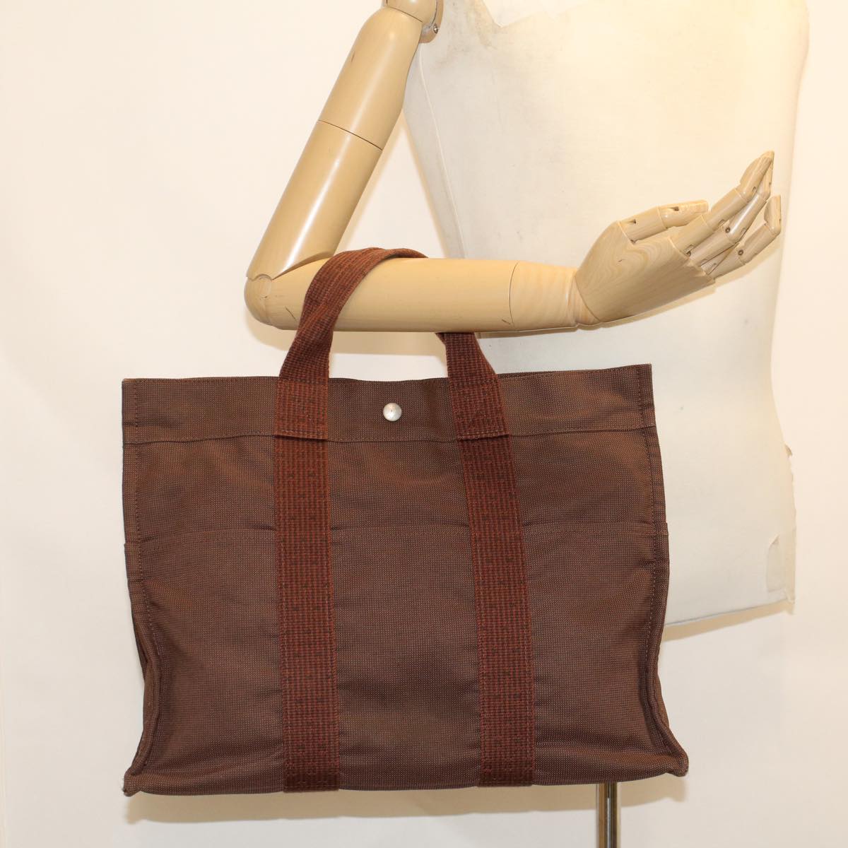 HERMES Her Line Tote Bag Canvas Brown Auth 46779