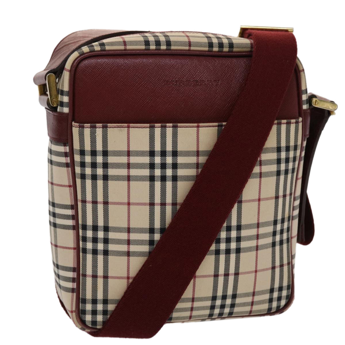 BURBERRY Nova Check Shoulder Bag Nylon Leather Beige Red Auth 46959