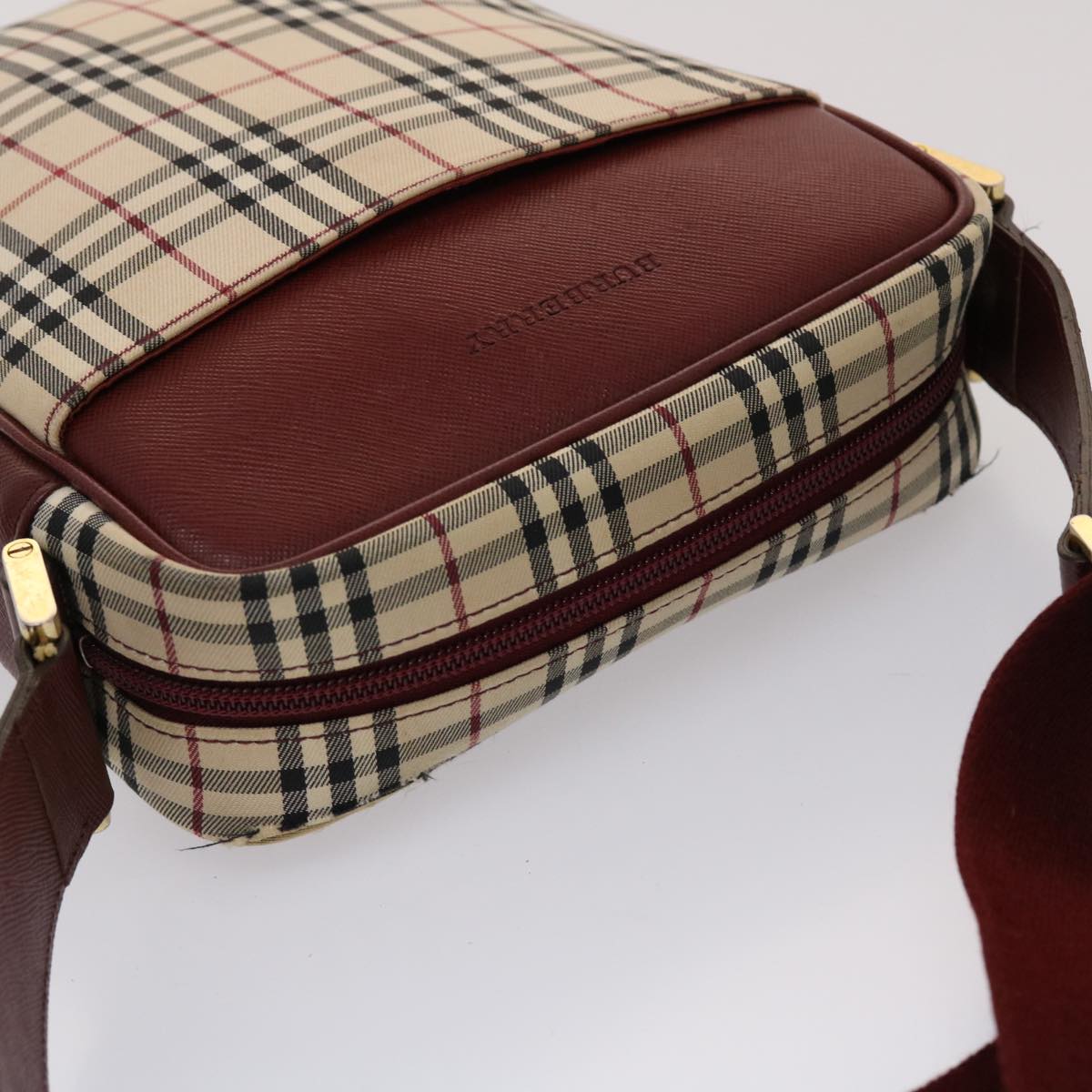 BURBERRY Nova Check Shoulder Bag Nylon Leather Beige Red Auth 46959