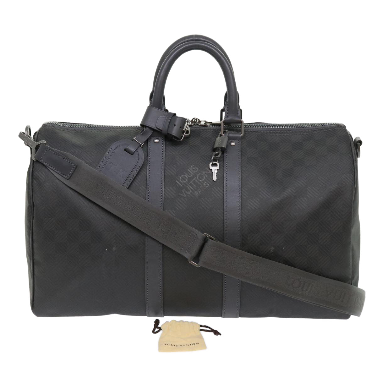 LOUIS VUITTON Damier Carbon Keepall Bandouliere 45 Boston Bag Black Auth 46967A