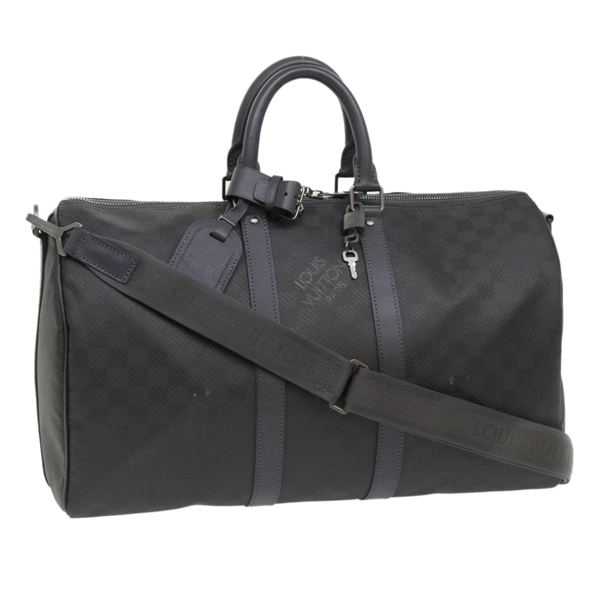 LOUIS VUITTON Damier Carbon Keepall Bandouliere 45 Boston Bag Black Auth 46967A