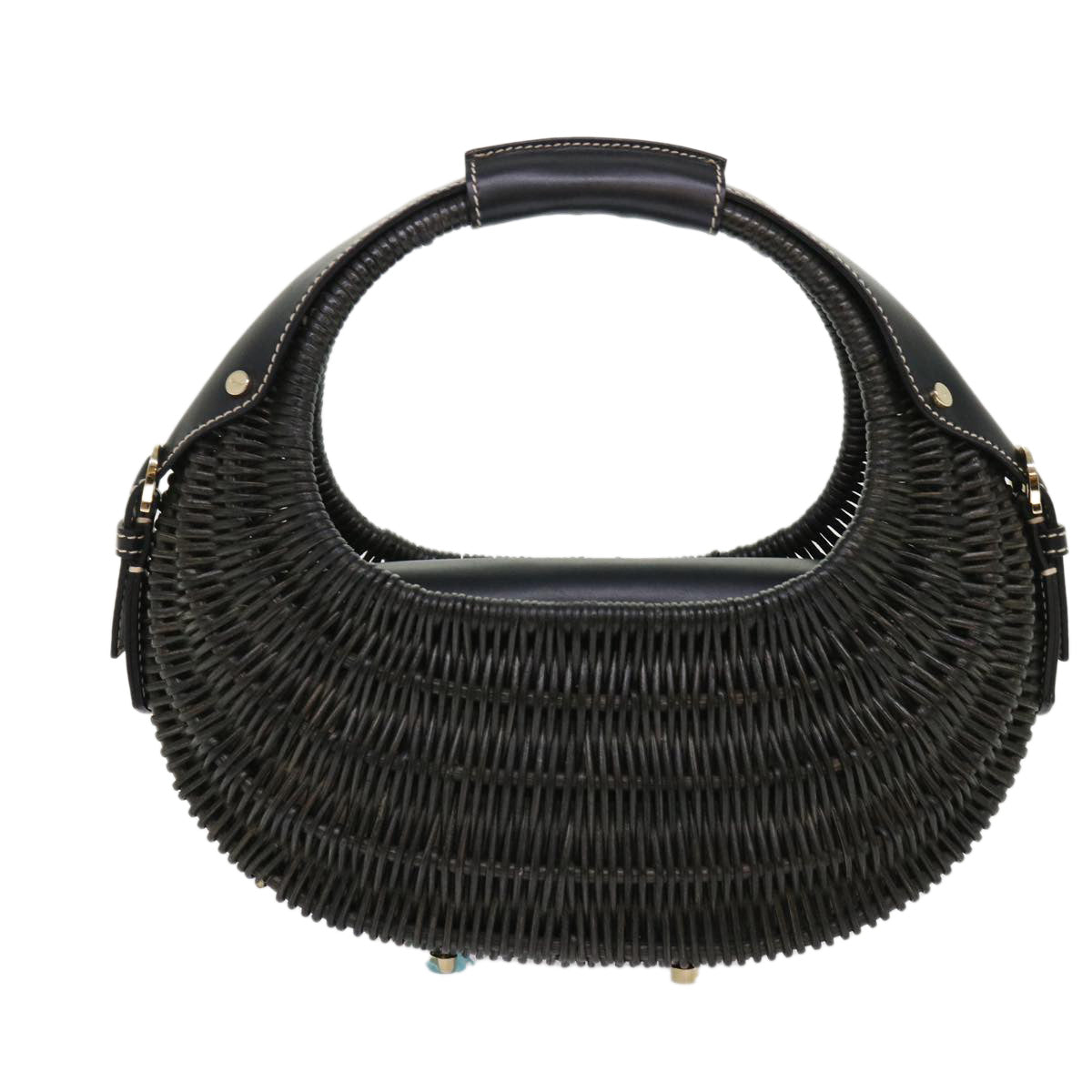 Salvatore Ferragamo Basket Hand Bag Straw Leather Black Auth 47057