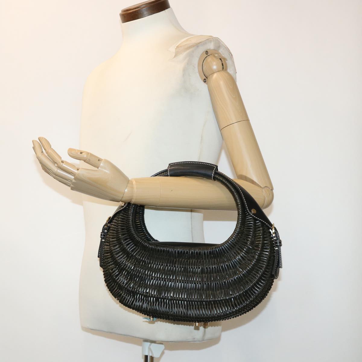 Salvatore Ferragamo Basket Hand Bag Straw Leather Black Auth 47057