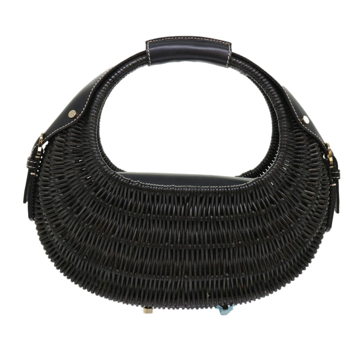Salvatore Ferragamo Basket Hand Bag Straw Leather Black Auth 47057 - 0