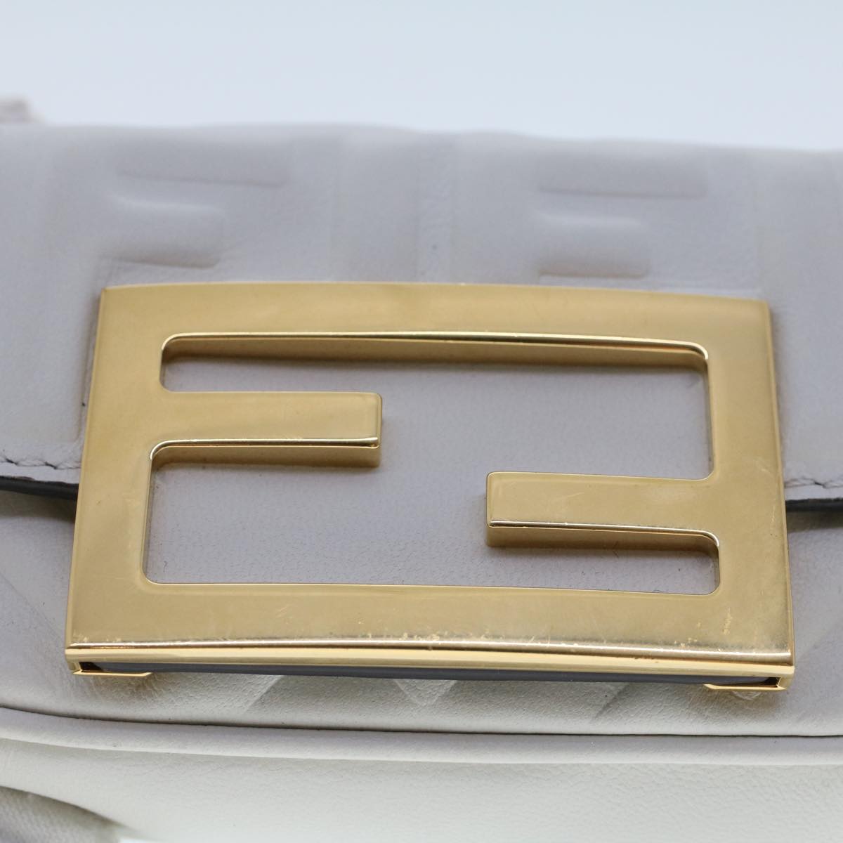 FENDI Zucca Canvas Nano Baguette Chain Shoulder Bag Leather White Auth 47061