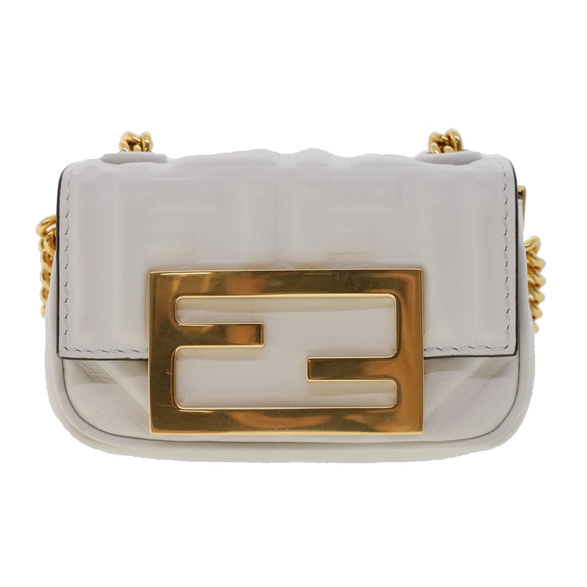 FENDI Zucca Canvas Nano Baguette Chain Shoulder Bag Leather White Auth 47061