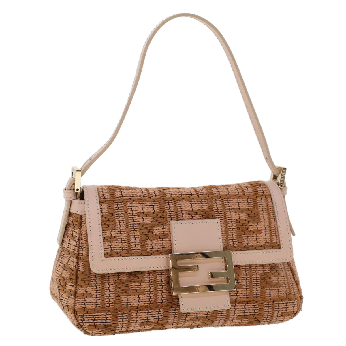 FENDI Mamma Baguette Shoulder Bag Straw Beige Pink Auth 47062