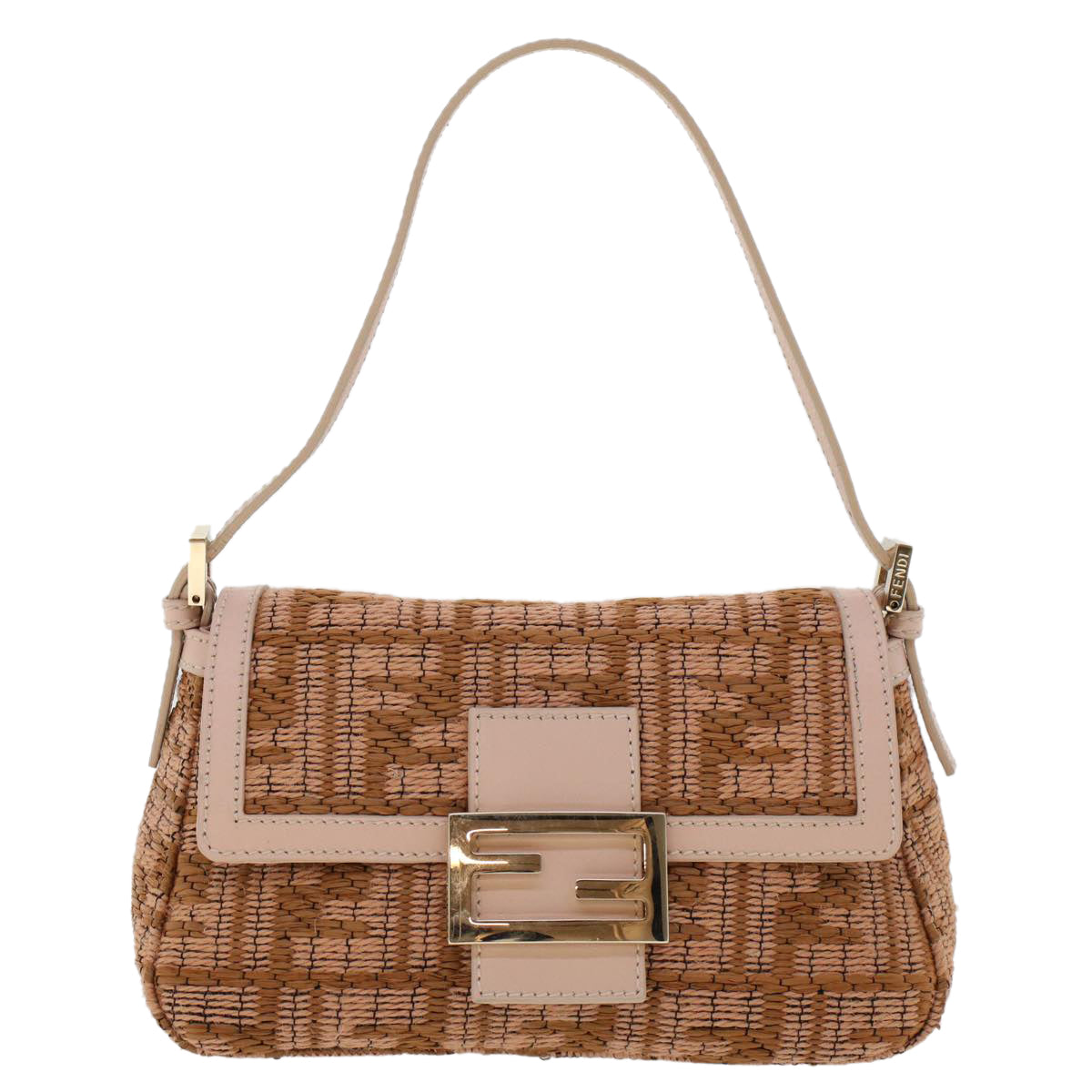 FENDI Mamma Baguette Shoulder Bag Straw Beige Pink Auth 47062