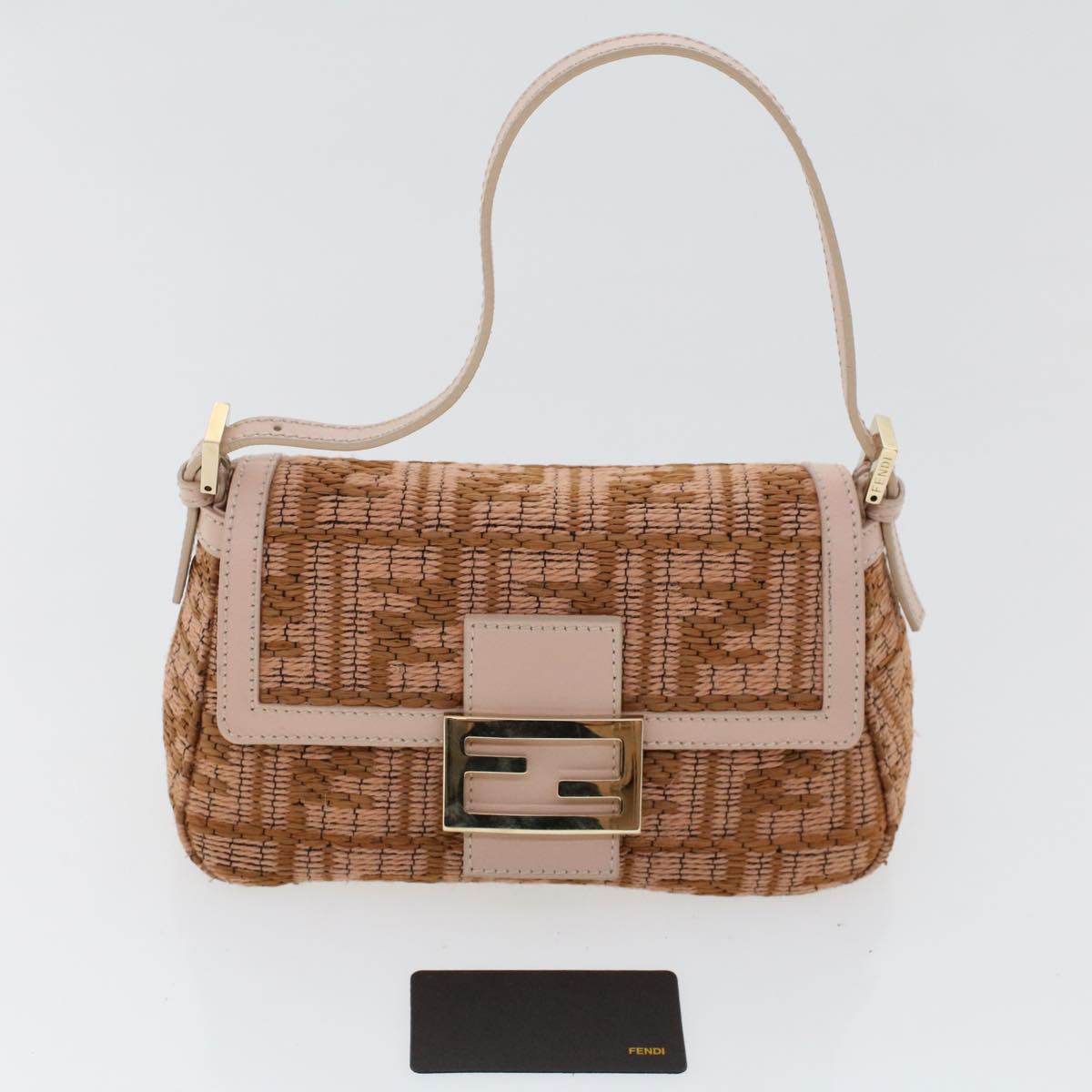 FENDI Mamma Baguette Shoulder Bag Straw Beige Pink Auth 47062