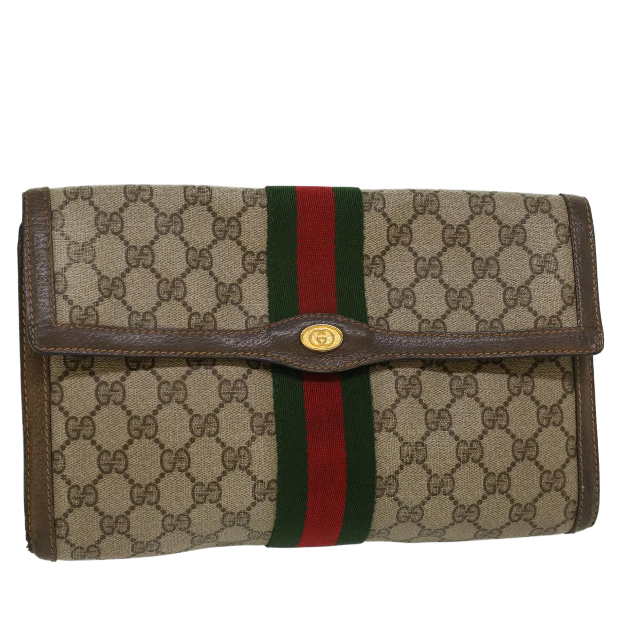 GUCCI GG Canvas Web Sherry Line Clutch Bag Beige Red 89•01•007 Auth 47106