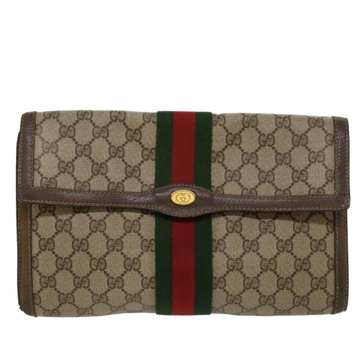 GUCCI GG Canvas Web Sherry Line Clutch Bag Beige Red 89•01•007 Auth 47106