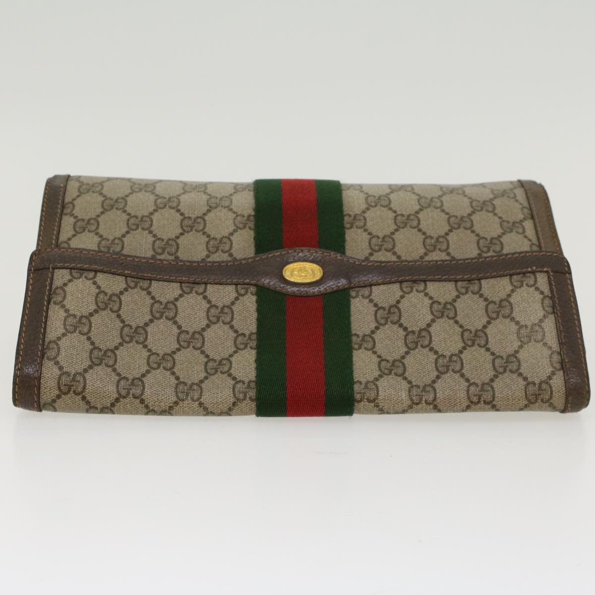 GUCCI GG Canvas Web Sherry Line Clutch Bag Beige Red 89•01•007 Auth 47106