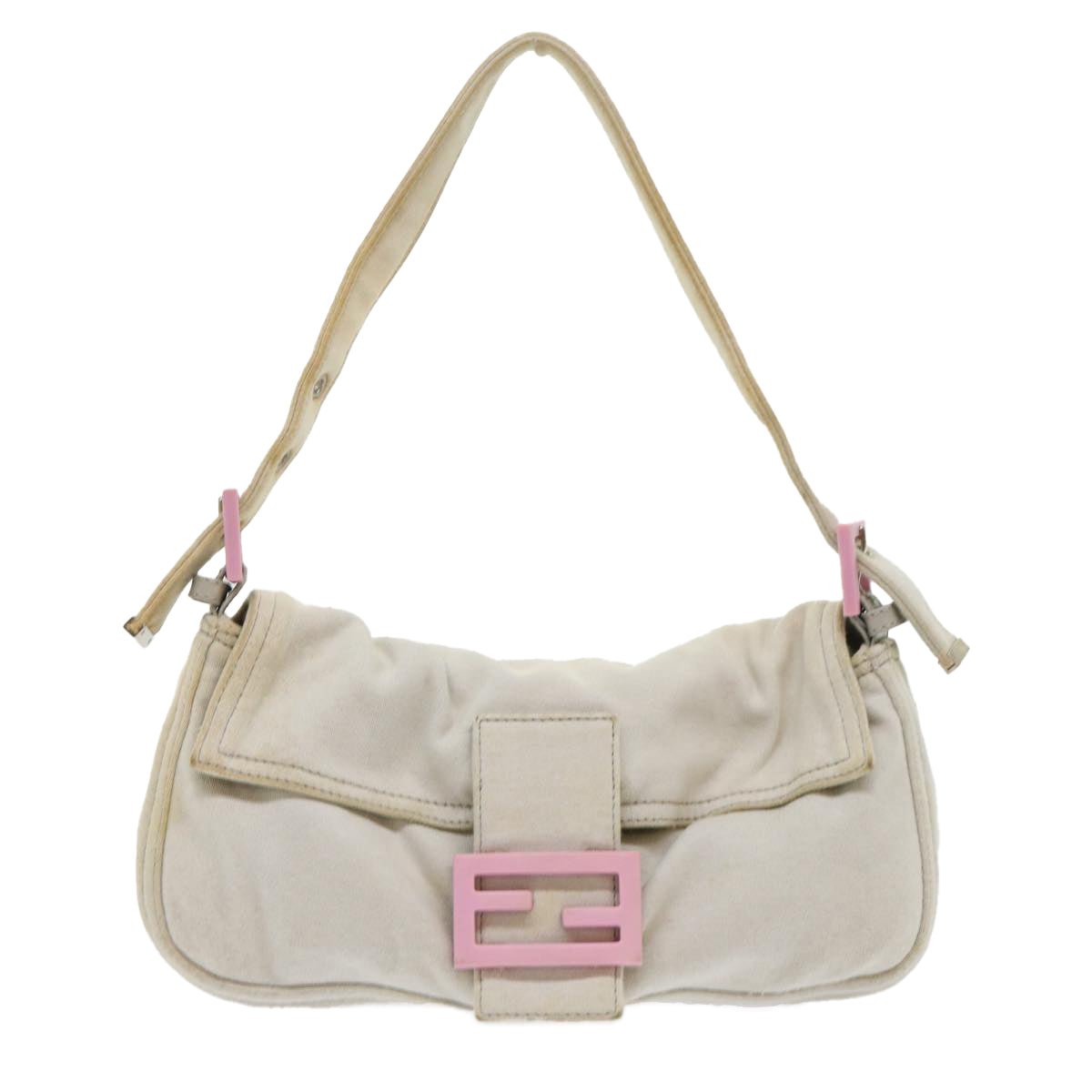 FENDI Mamma Baguette Shoulder Bag Cotton White Auth 47107