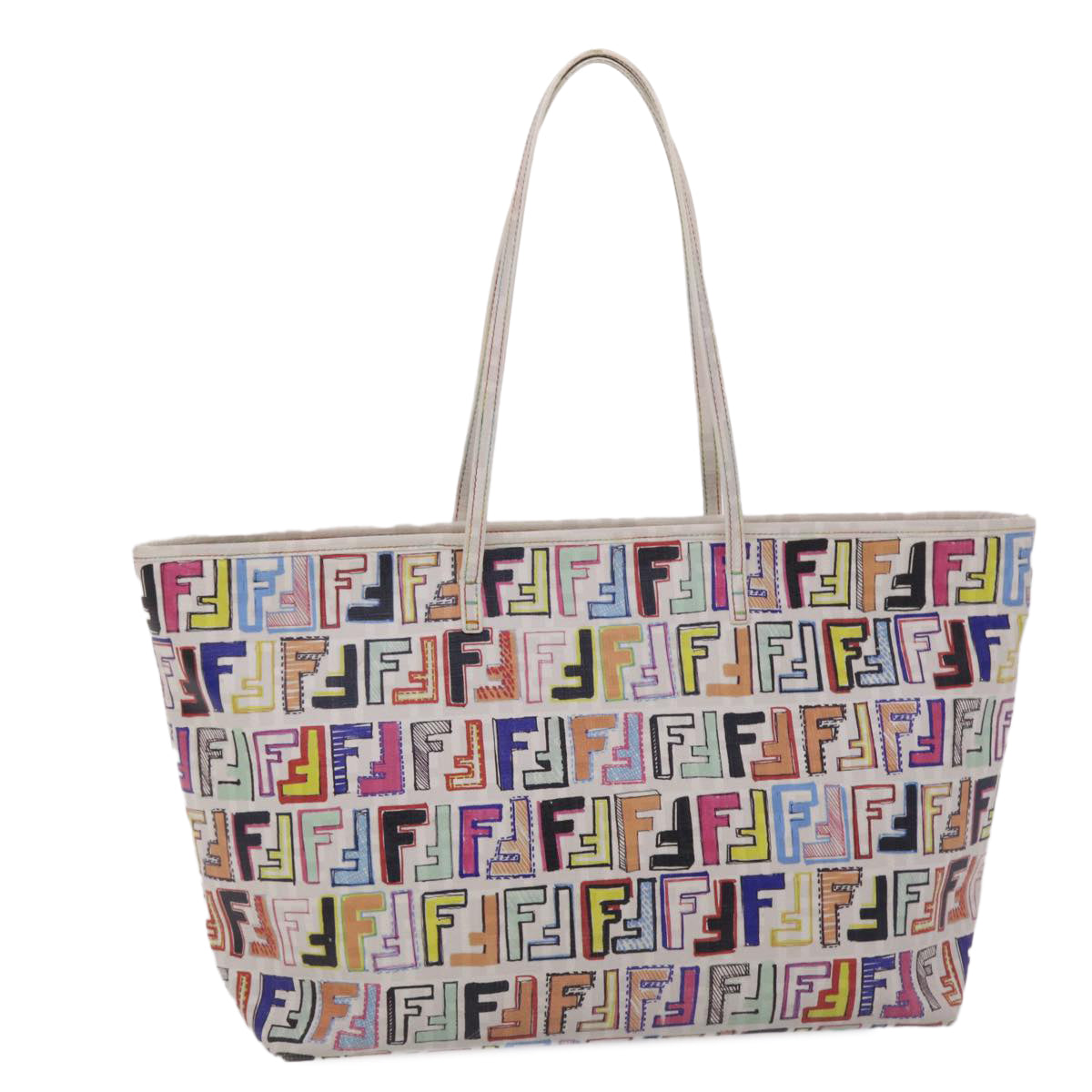 FENDI Zucca Canvas Tote Bag PVC Leather White Multicolor Auth 47109