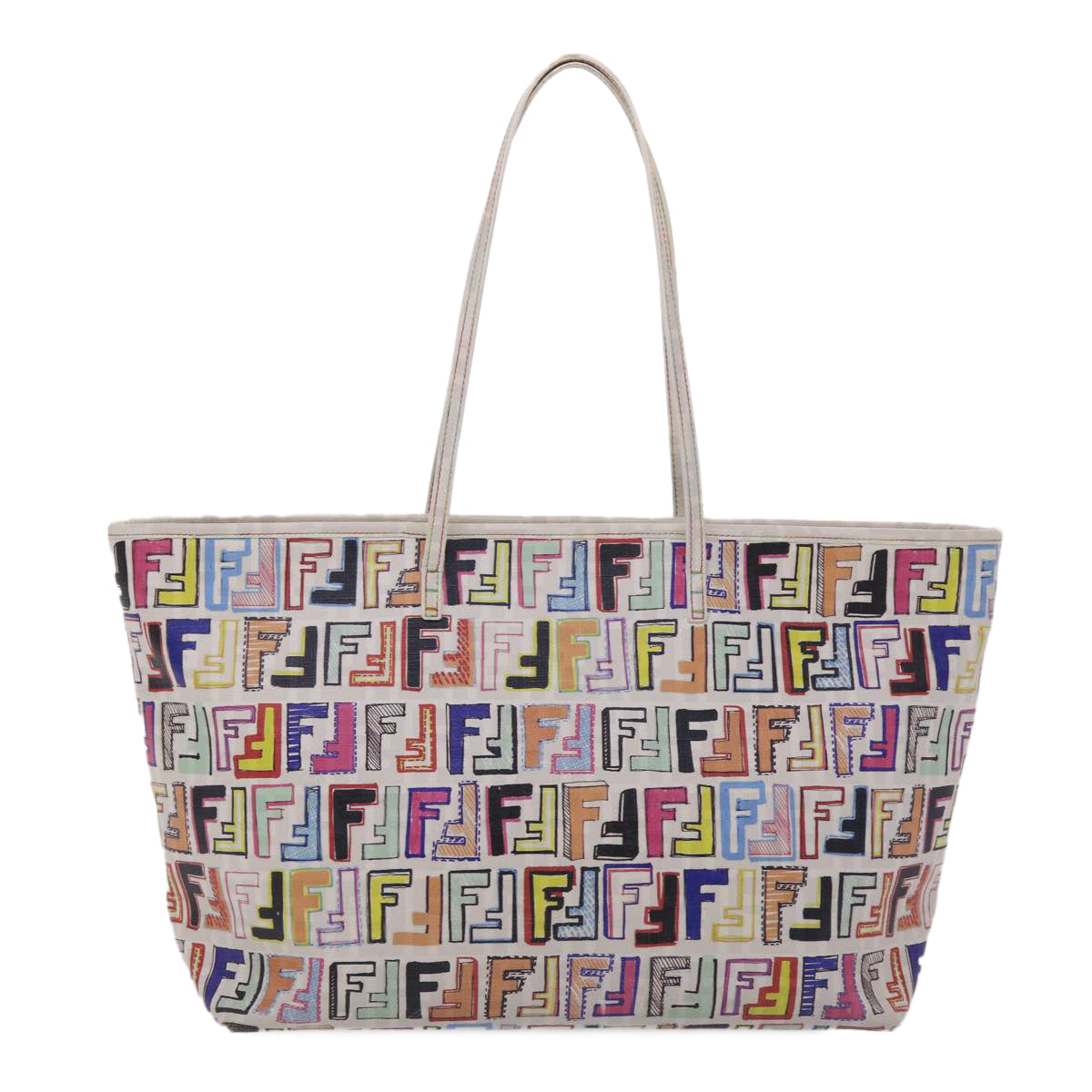 FENDI Zucca Canvas Tote Bag PVC Leather White Multicolor Auth 47109