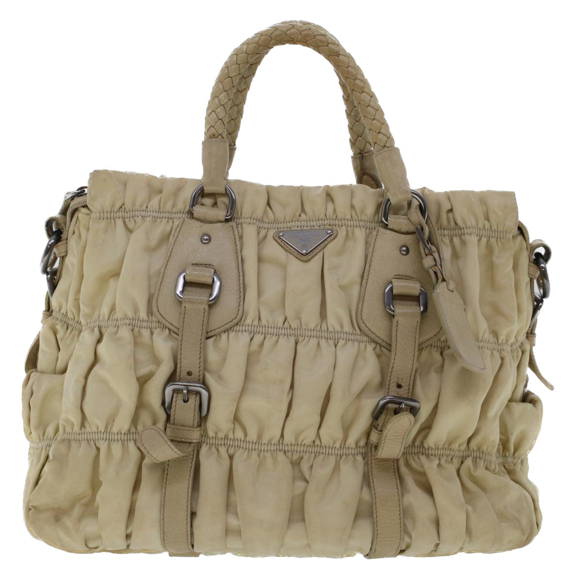 PRADA Hand Bag Nylon Leather 2way Beige Auth 47375