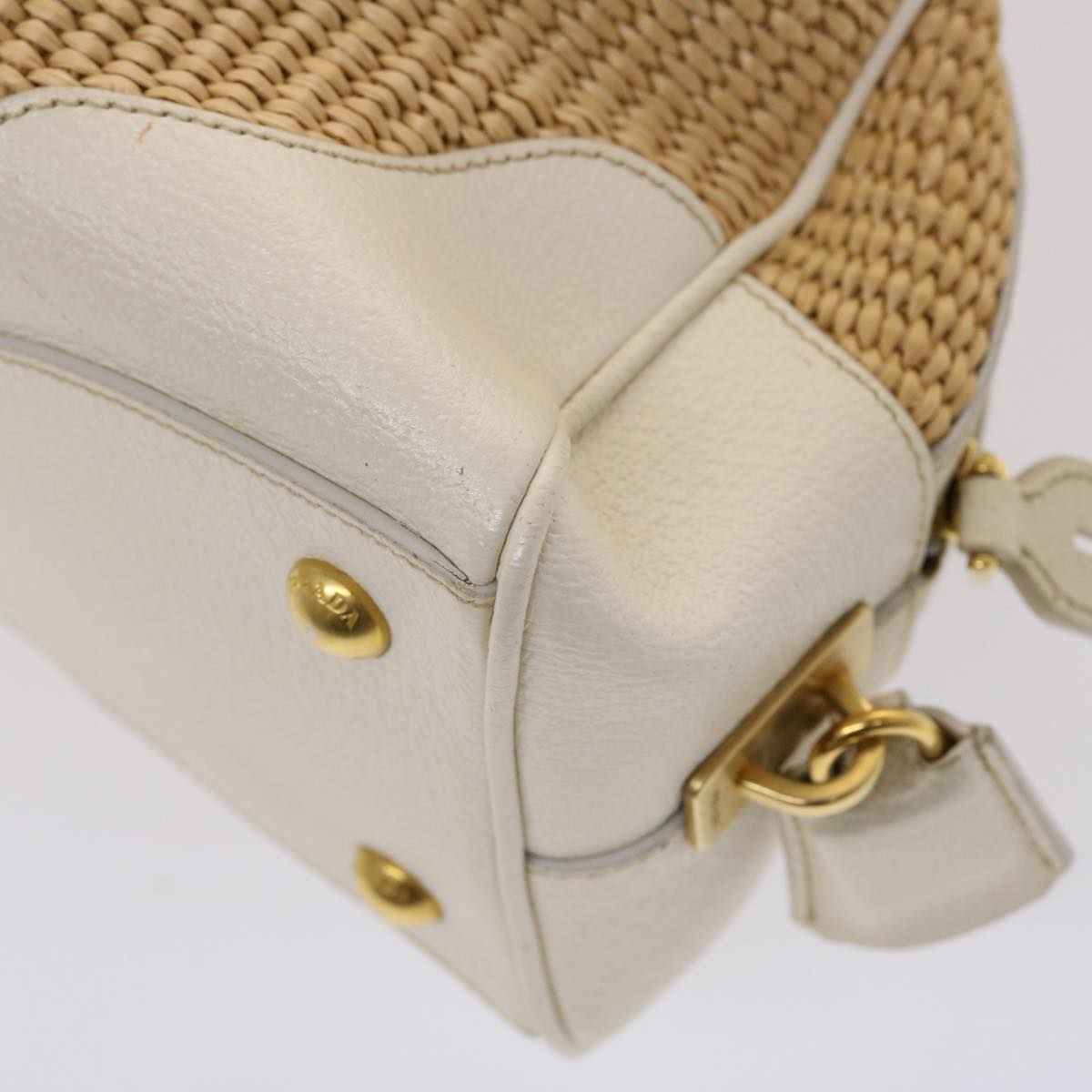 PRADA Chain Hand Bag Straw Leather White Auth 47376