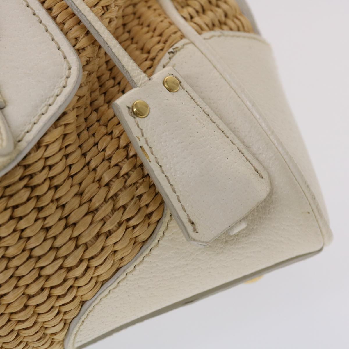 PRADA Chain Hand Bag Straw Leather White Auth 47376