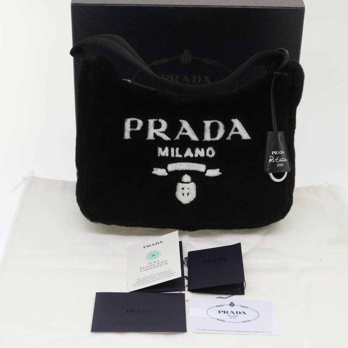 PRADA Terry Hand Bag Fabric Black White Auth 47379A
