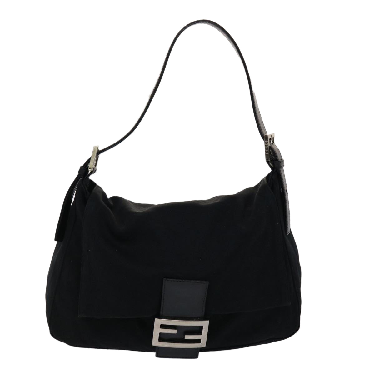 FENDI Mamma Baguette Shoulder Bag Nylon Leather Black Auth 47383