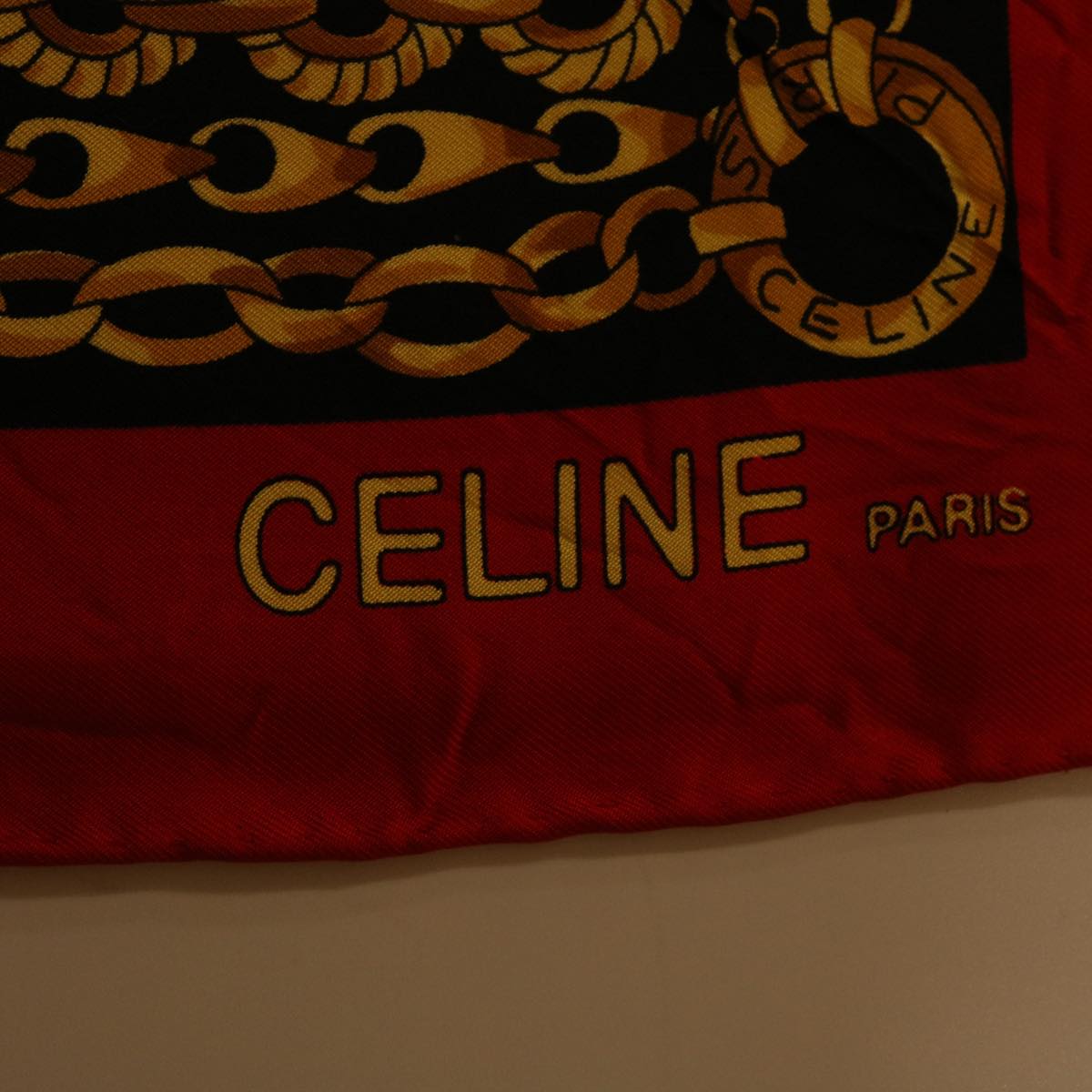 CELINE Scarf Silk Red Black yellow Auth 47529