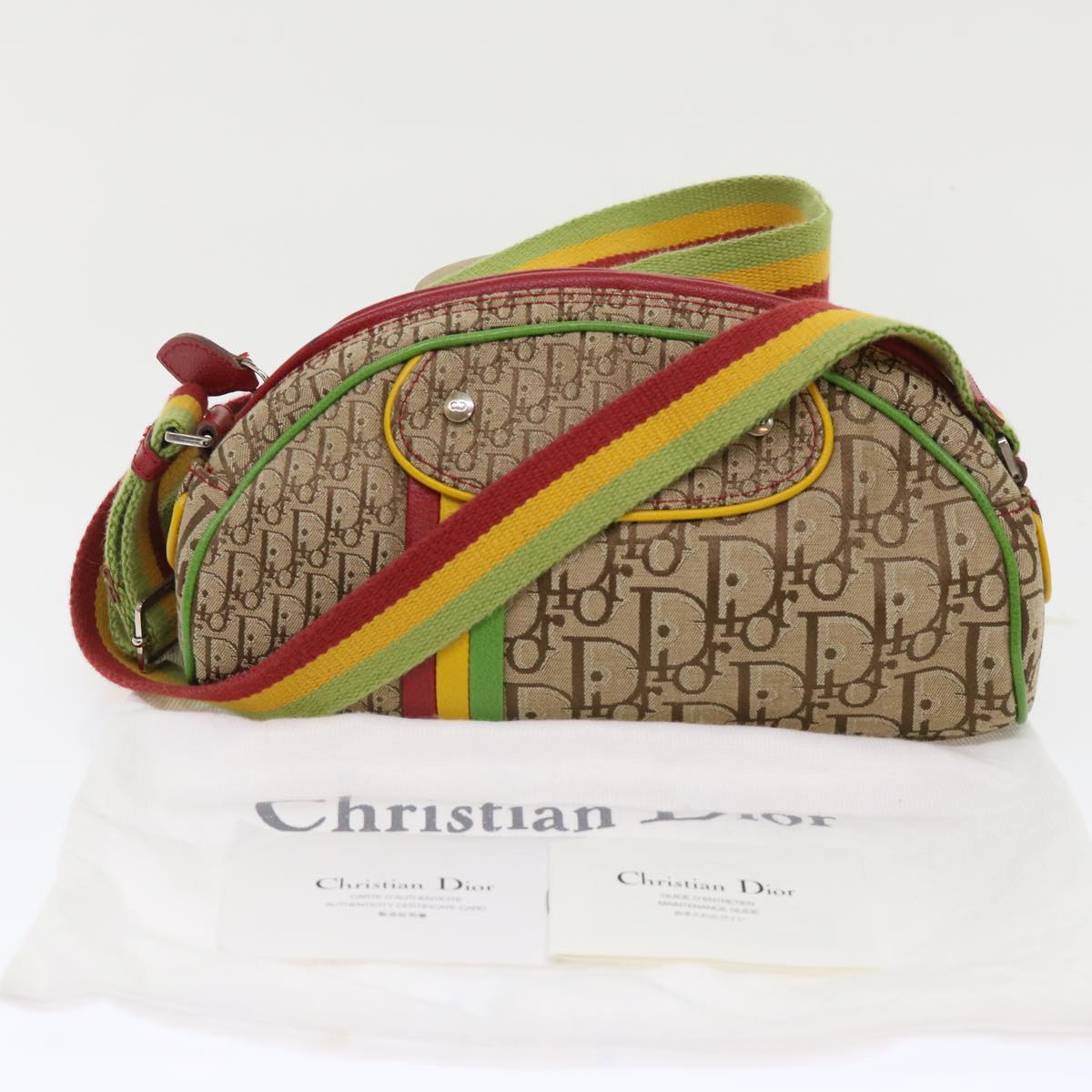 Christian Dior Trotter Canvas Shoulder Bag Rasta Color Beige Auth 47578