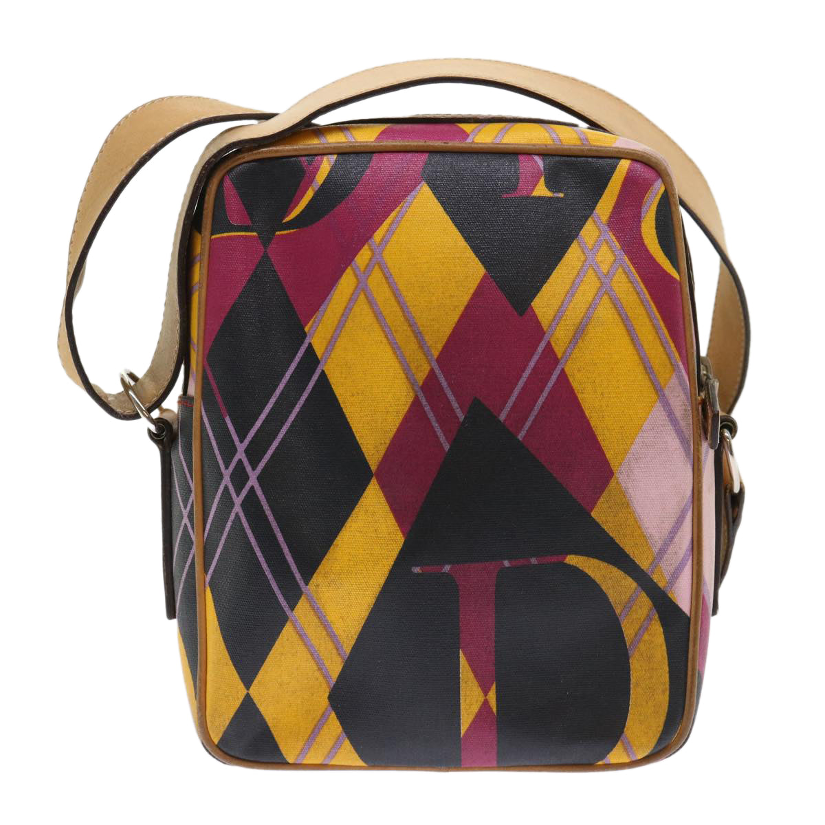 Christian Dior Argyle Check Shoulder Bag Nylon Yellow Pink 05-MA-0064 Auth 47588 - 0