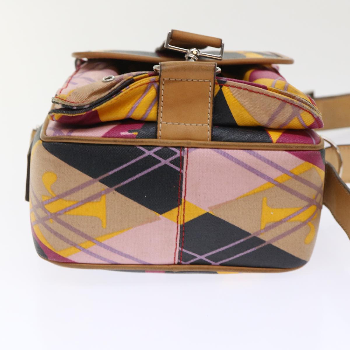 Christian Dior Argyle Check Shoulder Bag Nylon Yellow Pink 05-MA-0064 Auth 47588