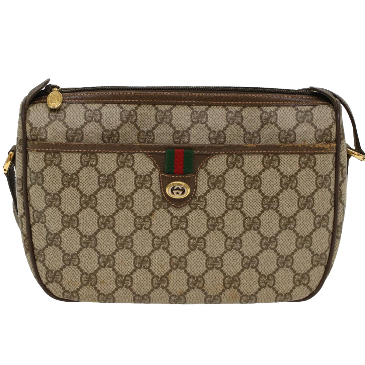 GUCCI GG Canvas Web Sherry Line Shoulder Bag PVC Leather Beige Green Auth 47988