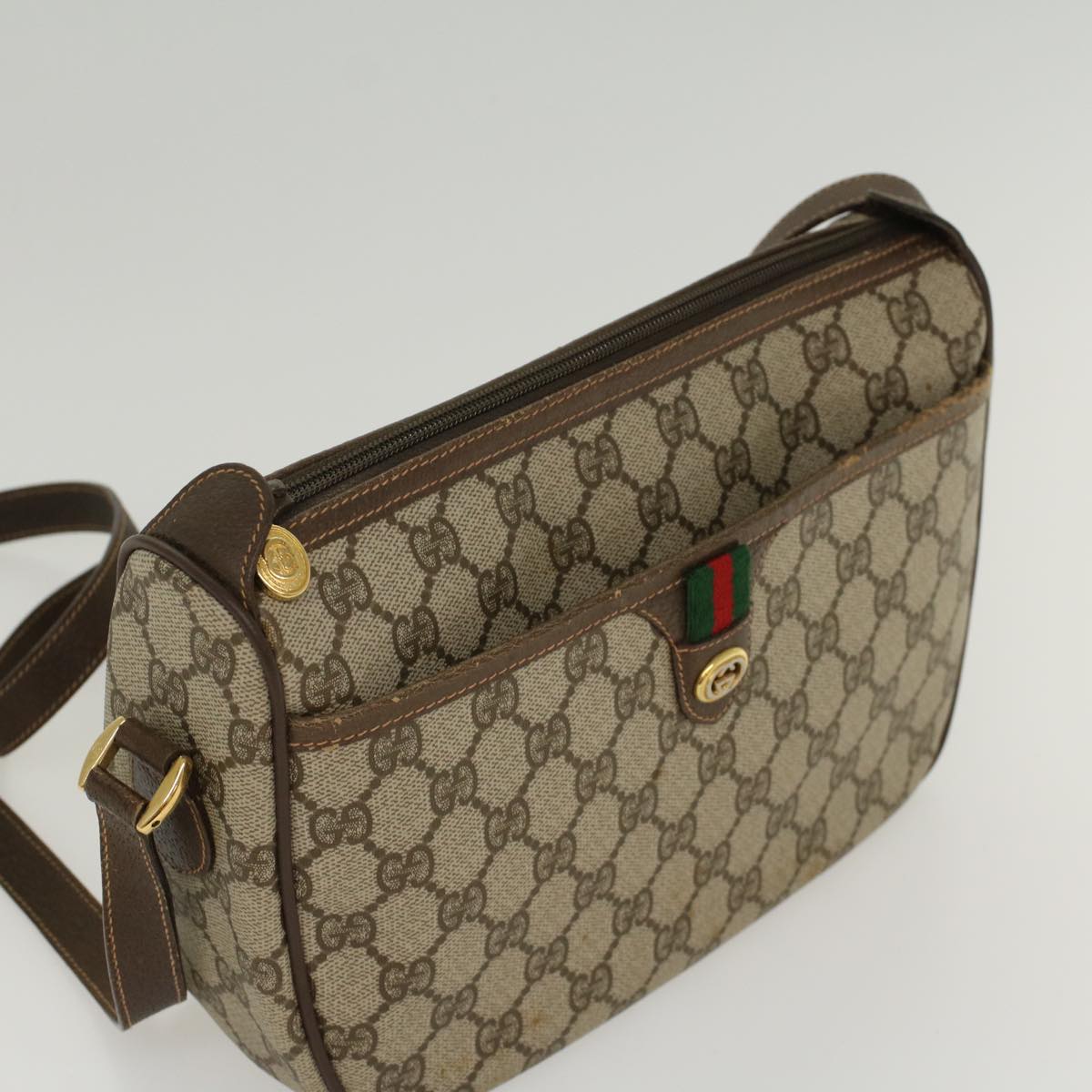 GUCCI GG Canvas Web Sherry Line Shoulder Bag PVC Leather Beige Green Auth 47988