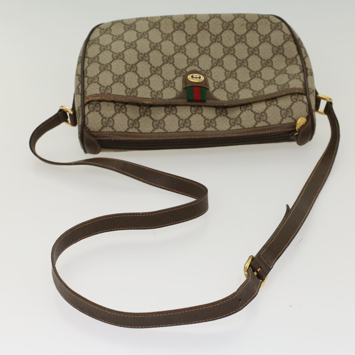 GUCCI GG Canvas Web Sherry Line Shoulder Bag PVC Leather Beige Green Auth 47988