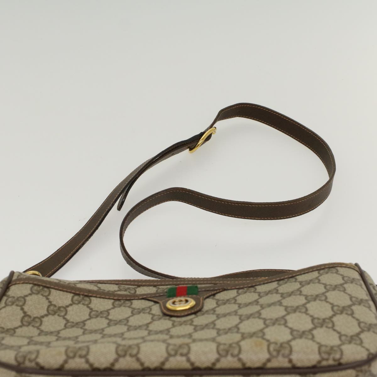 GUCCI GG Canvas Web Sherry Line Shoulder Bag PVC Leather Beige Green Auth 47988