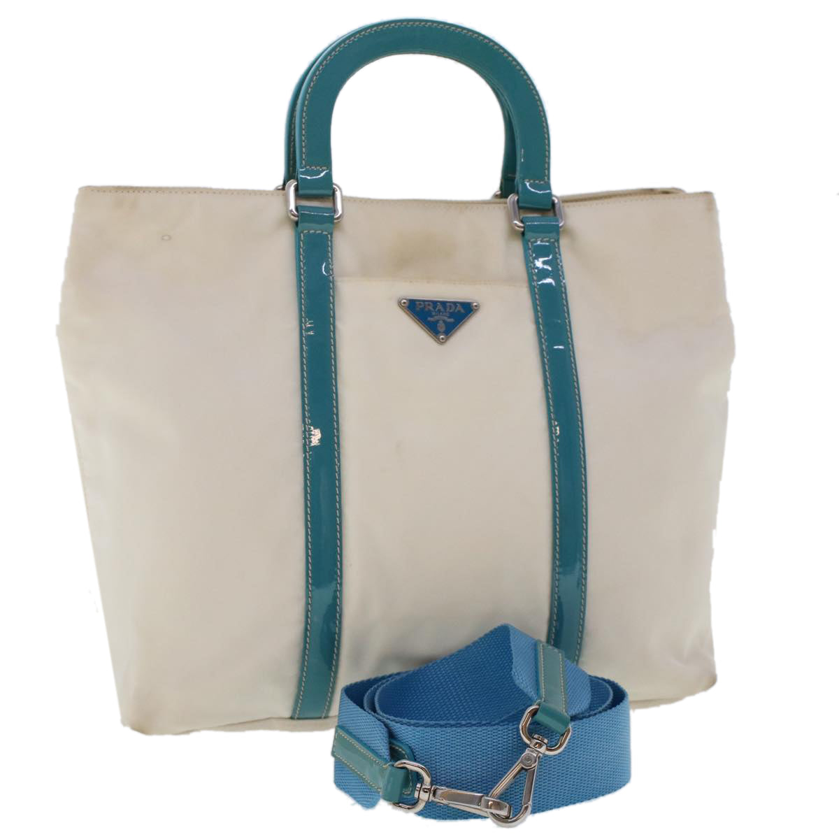 PRADA Hand Bag Nylon 2way White Turquoise Blue Auth 48007