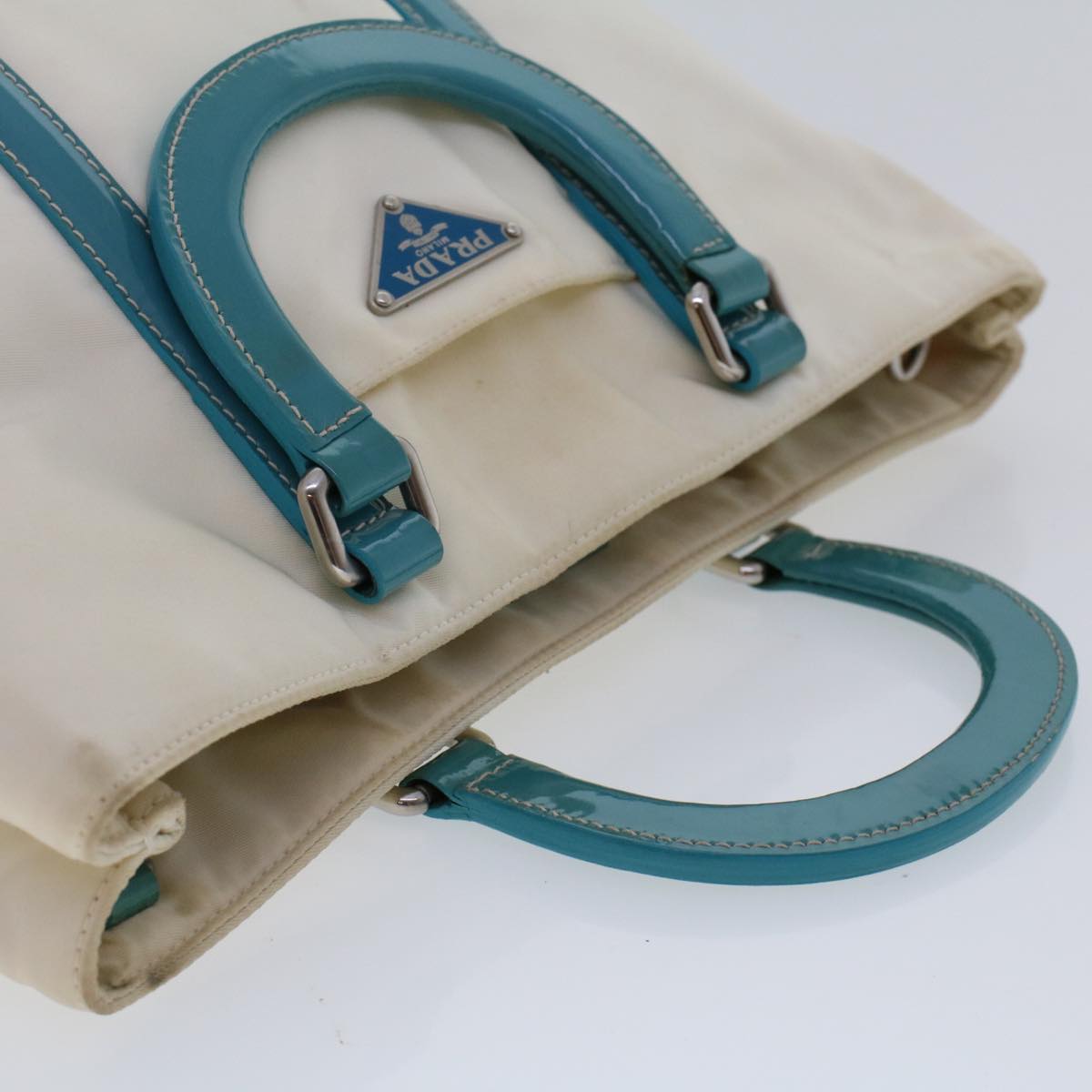 PRADA Hand Bag Nylon 2way White Turquoise Blue Auth 48007