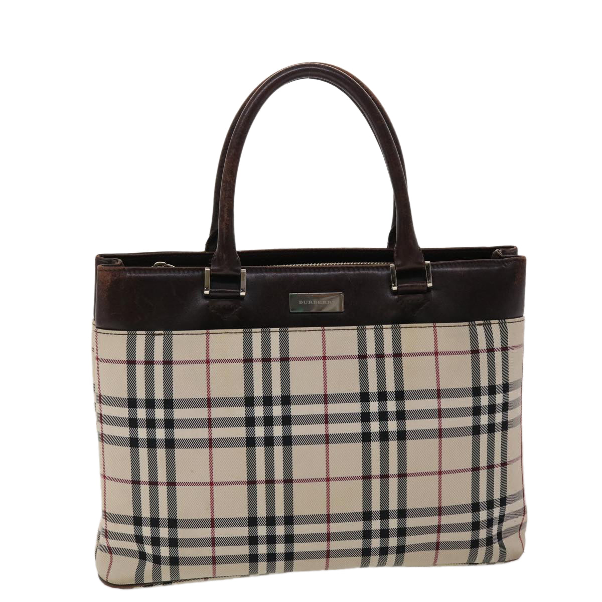 BURBERRY Nova Check Hand Bag Nylon Beige Dark Brown Auth 48020