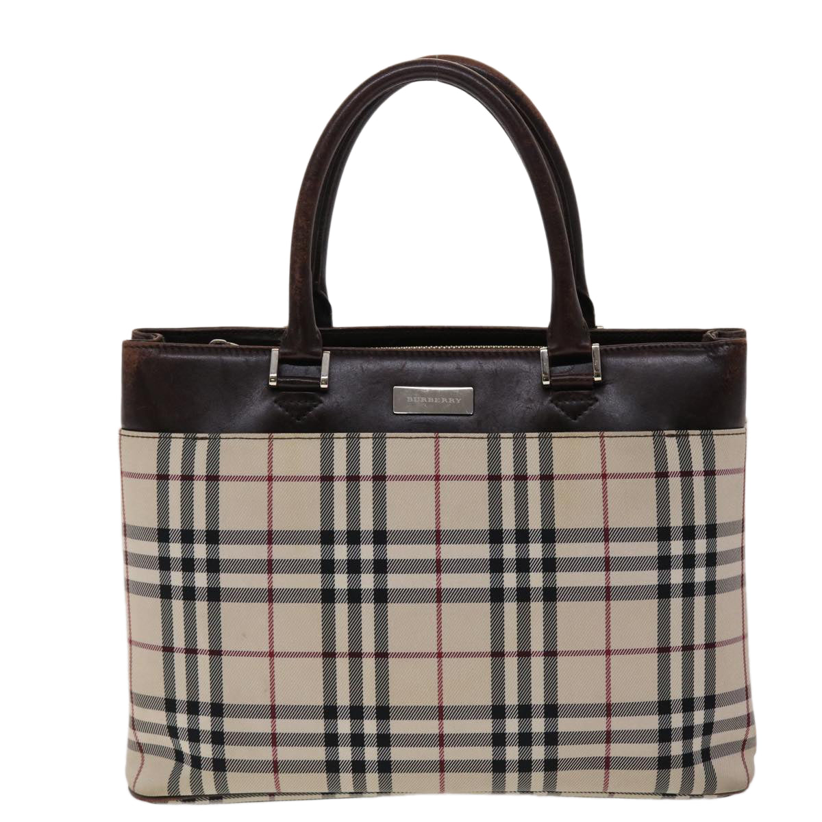 BURBERRY Nova Check Hand Bag Nylon Beige Dark Brown Auth 48020