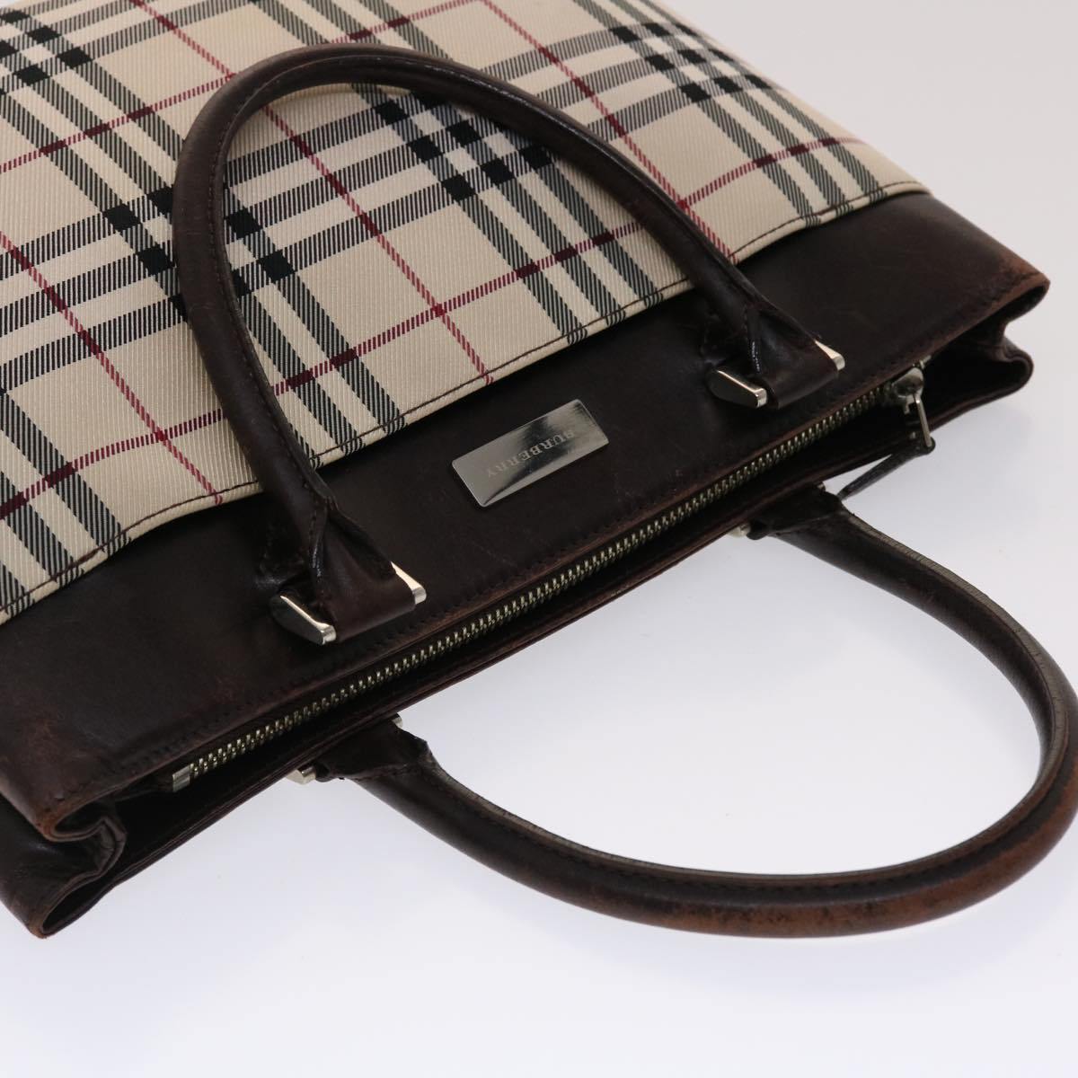 BURBERRY Nova Check Hand Bag Nylon Beige Dark Brown Auth 48020