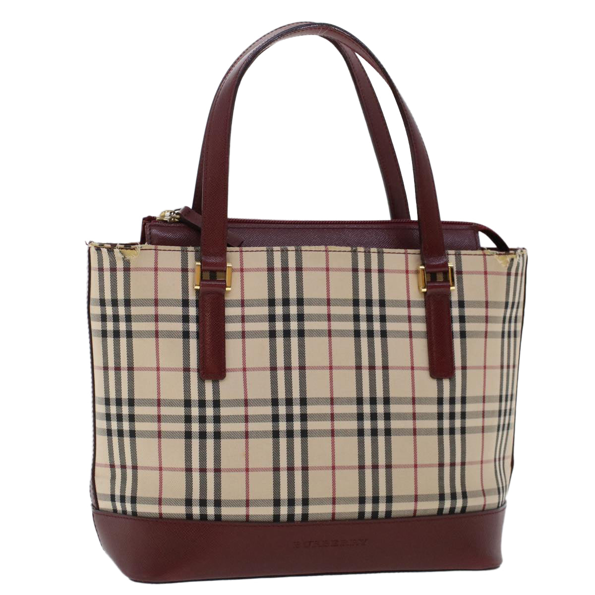 BURBERRY Nova Check Hand Bag Canvas Beige Wine Red Auth 48021