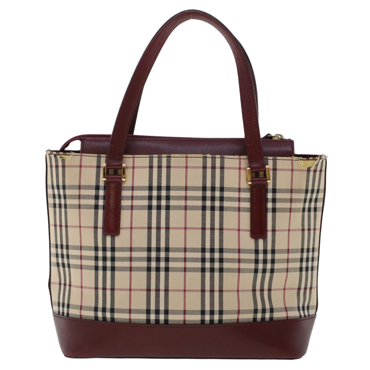 BURBERRY Nova Check Hand Bag Canvas Beige Wine Red Auth 48021 - 0