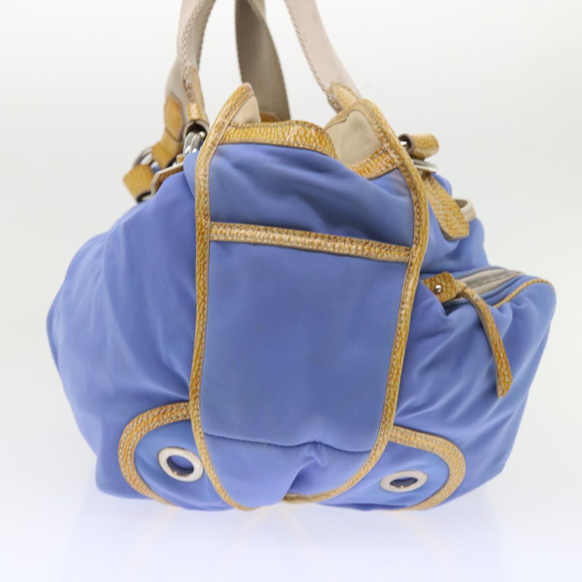 CELINE Boston Bag Nylon Blue Brown Auth 48042