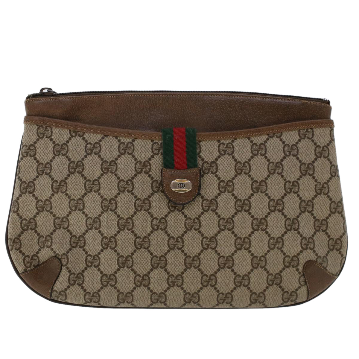 GUCCI GG Canvas Web Sherry Line Shoulder Bag PVC Leather Beige Green Auth 48122