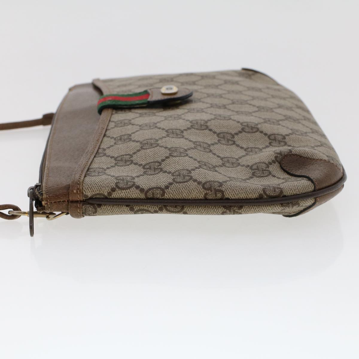 GUCCI GG Canvas Web Sherry Line Shoulder Bag PVC Leather Beige Green Auth 48122