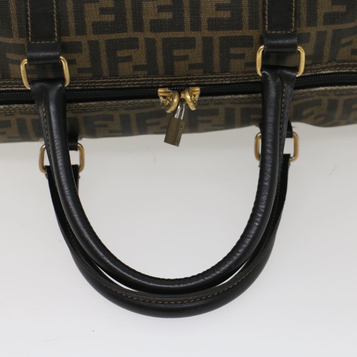 FENDI Zucca Canvas Boston Bag PVC Leather Brown Black Auth 48144