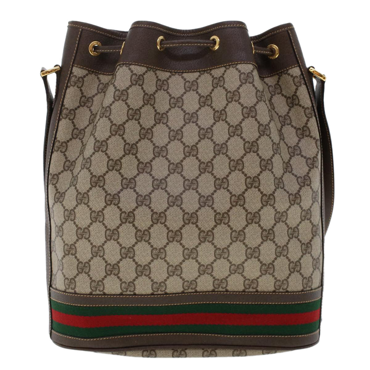 GUCCI GG Canvas Web Sherry Line Shoulder Bag PVC Leather Beige Green Auth 48163