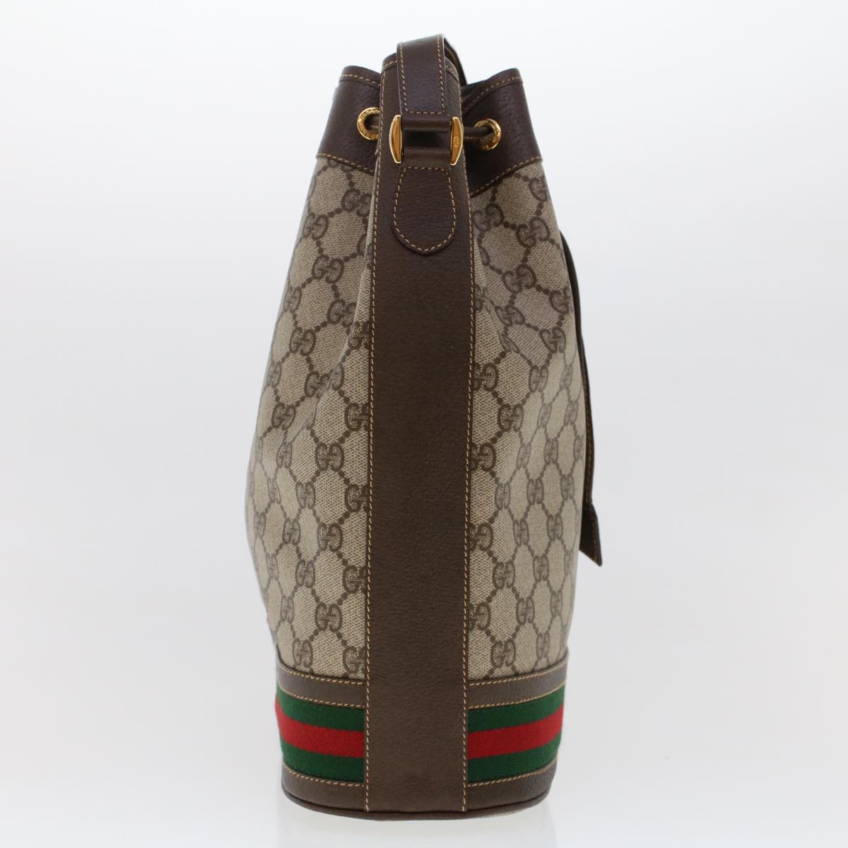 GUCCI GG Canvas Web Sherry Line Shoulder Bag PVC Leather Beige Green Auth 48163