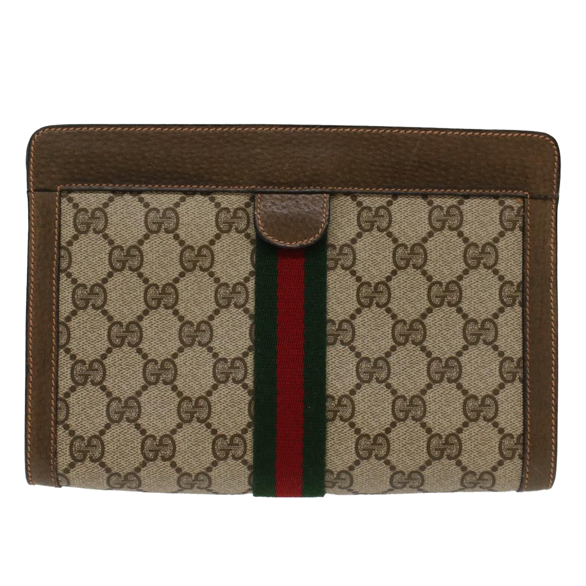 GUCCI GG Canvas Web Sherry Line Clutch Bag Beige Red Green 89.01.001 Auth 48199