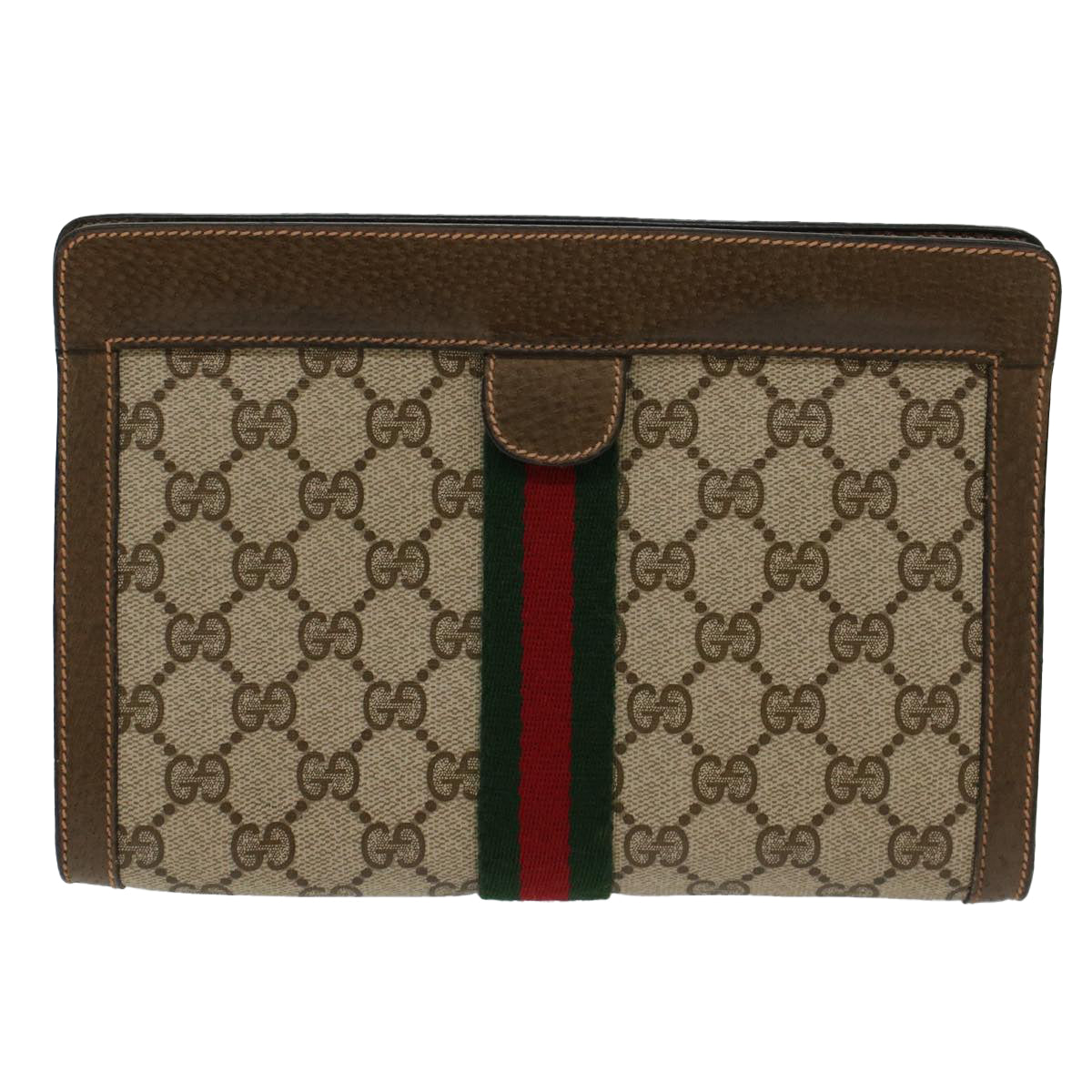 GUCCI GG Canvas Web Sherry Line Clutch Bag Beige Red Green 89.01.001 Auth 48199 - 0